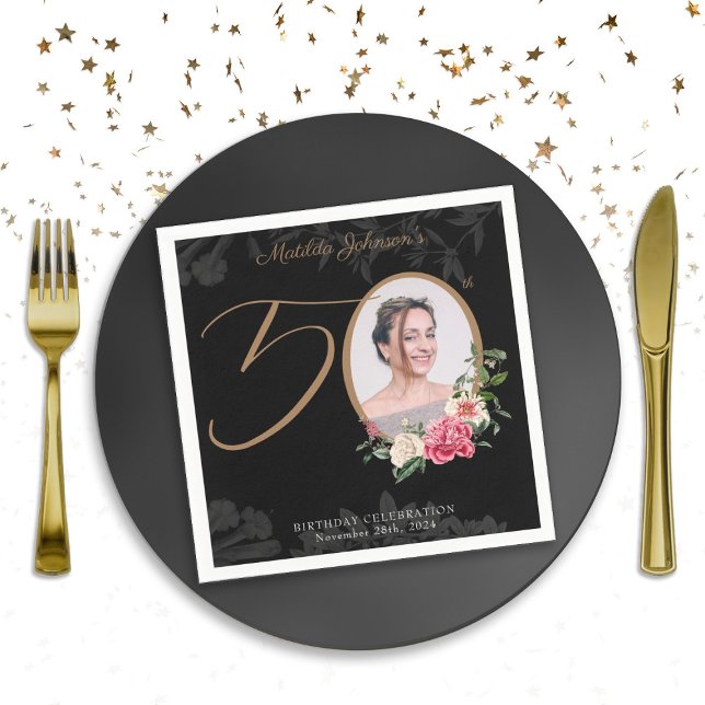 Servilleta De Papel Elegante Personalizado floral negro 50 cumpleaños (50th Birthday Elegant Black Floral Foliage Custom Napkins)