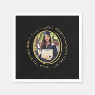 Servilleta De Papel Elegante Personalizado Grad Photo Black & Gold Fie