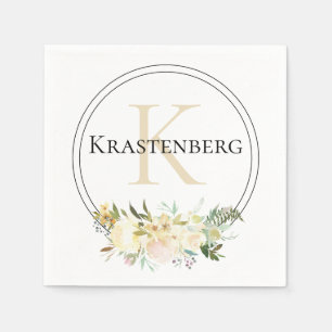 Servilleta De Papel Elegante Personalizado Monograma Nombre Rosas Blan