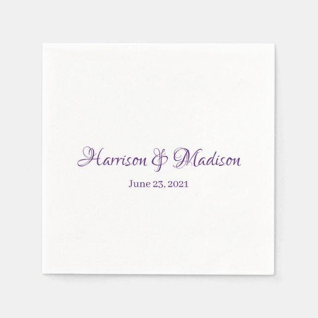 Servilleta De Papel Elegante Personalizado Purple Script Nombres Boda  (Anverso)