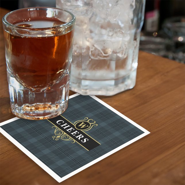 Servilleta De Papel Elegante Plaid de Monograma Inicial en Negro y Dor (Subido por el creador)