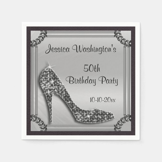 Servilleta De Papel Elegante plata enmarcada negro Stiletto 50 cumplea (Anverso)