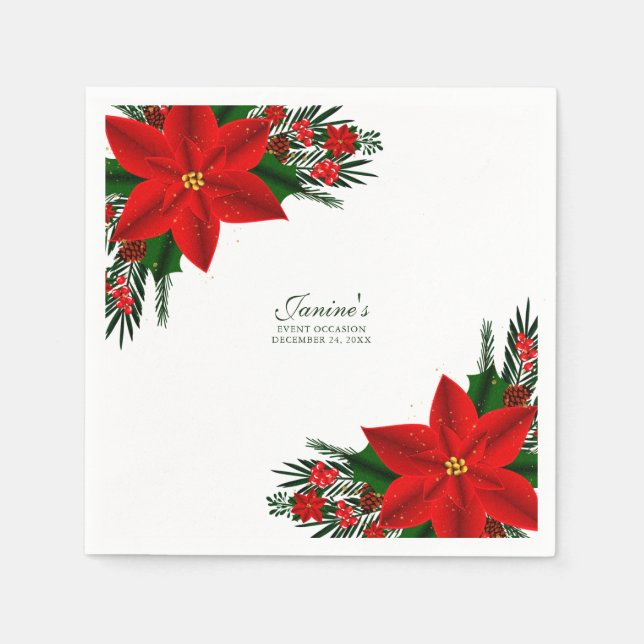 Servilleta De Papel Elegante Poinsettia Floral Rojo Pine Greeneraves (Anverso)