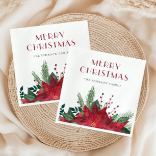 Servilleta De Papel Elegante Poinsettia Roja Feliz Navidad