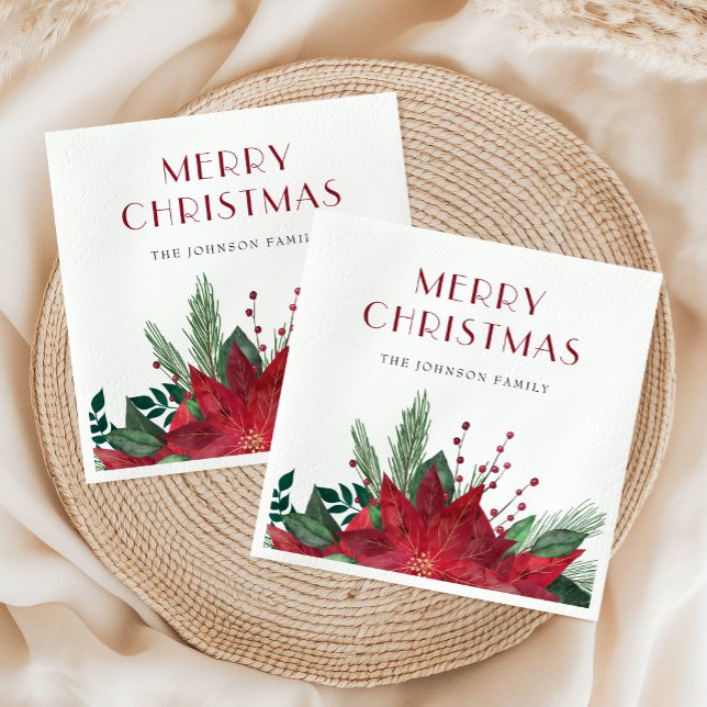 Servilleta De Papel Elegante Poinsettia Roja Feliz Navidad (Elegant Red Poinsettia Merry Christmas Napkins)