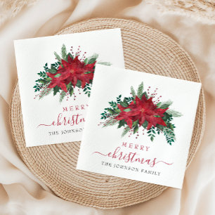 Servilleta De Papel Elegante poinsettia roja floral guión Navidad