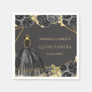 Servilleta De Papel Elegante Princesa Floral de Oro Negro Quinceanera