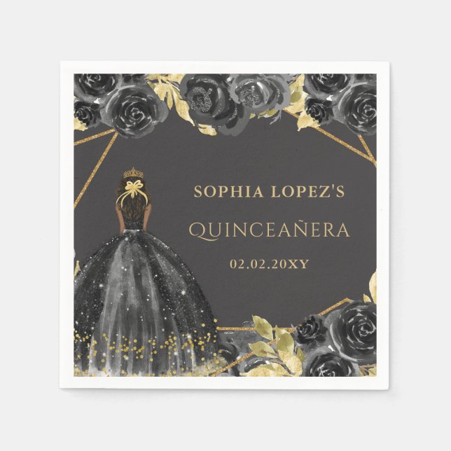 Servilleta De Papel Elegante Princesa Floral de Oro Negro Quinceanera (Anverso)