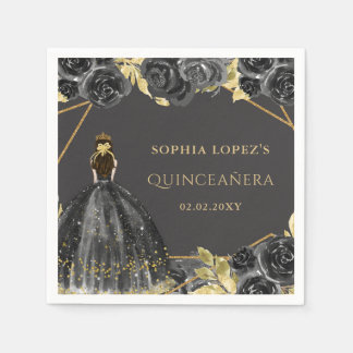 Servilleta De Papel Elegante Princesa Floral de Oro Negro Quinceanera