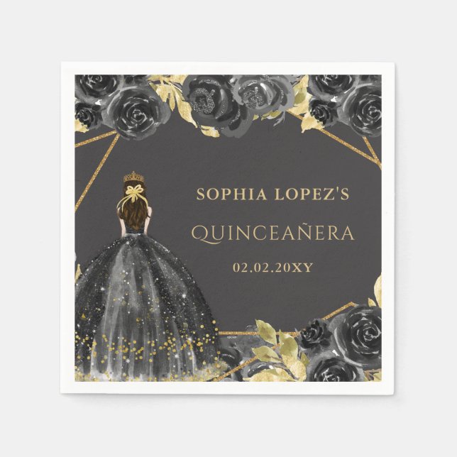 Servilleta De Papel Elegante Princesa Floral de Oro Negro Quinceanera (Anverso)