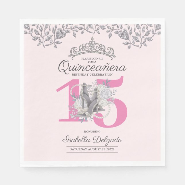 Servilleta De Papel Elegante Princesa Quinceanera Rosa 15 Años (Anverso)