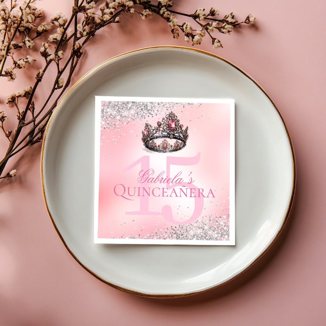 Servilleta De Papel Elegante Princesa Rosa Corona Quinceanera (Elegant Pink Princess Crown Quinceanera Napkins)