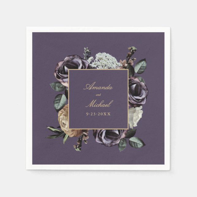 Servilleta De Papel Elegante Purple Dark Floral Fall Wedding (Anverso)