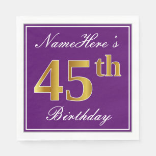 Servilleta De Papel Elegante púrpura, Faux Gold 45 cumpleaños + nombre