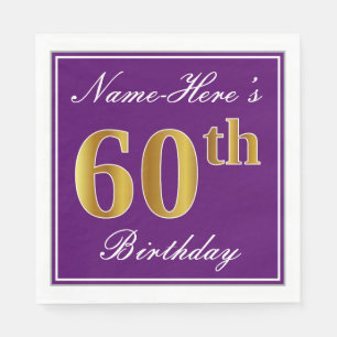 Servilleta De Papel Elegante púrpura, Faux Gold 60 cumpleaños + nombre