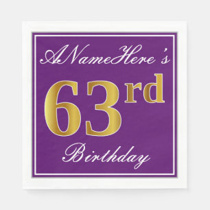 Servilleta De Papel Elegante púrpura, Faux Gold 63 cumpleaños + nombre