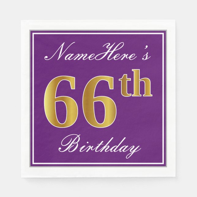 Servilleta De Papel Elegante púrpura, Faux Gold 66th Birthday + Nombre (Anverso)