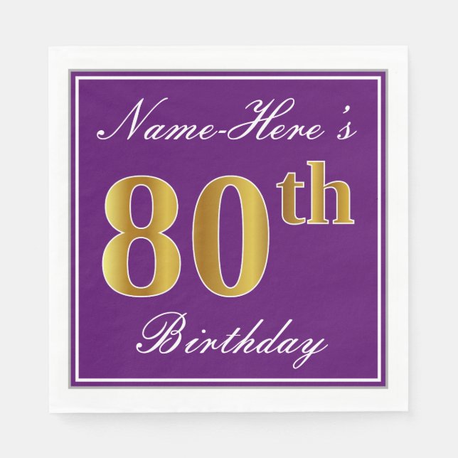 Servilleta De Papel Elegante púrpura, Faux Gold 80 cumpleaños + nombre (Anverso)