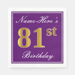 Servilleta De Papel Elegante púrpura, Faux Gold 81st Birthday + Nombre