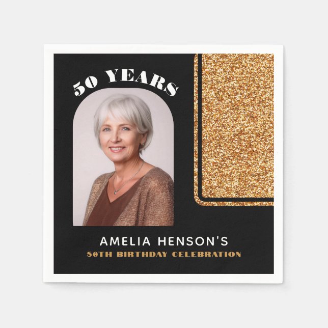 Servilleta De Papel Elegante Purpurina de oro negro foto 50 cumpleaños (Anverso)