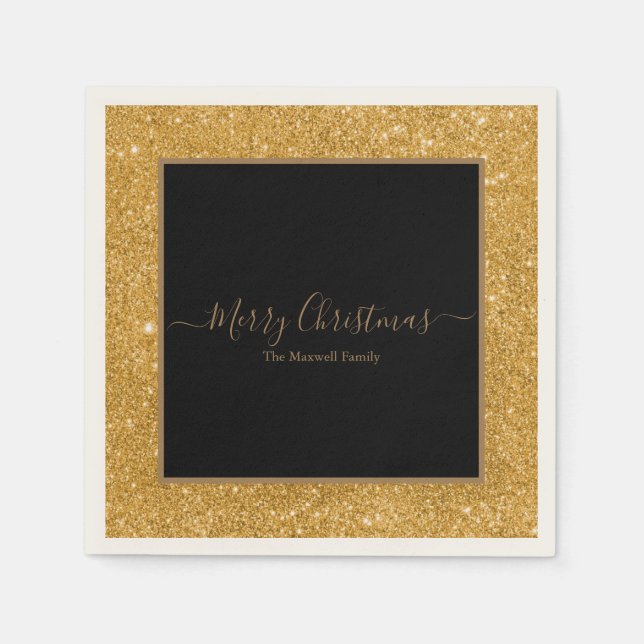 Servilleta De Papel Elegante purpurina dorado negro Feliz Navidad nomb (Anverso)