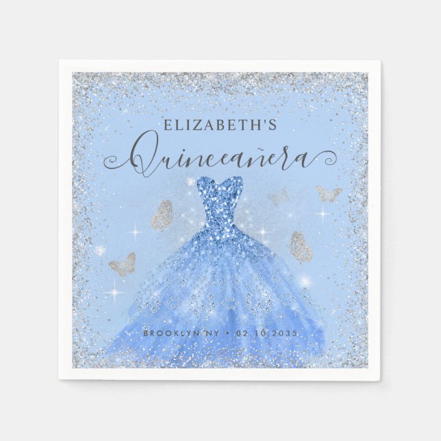 Servilleta De Papel Elegante Purpurina Dusty Blue Silver Gown Quinceañ (Anverso)