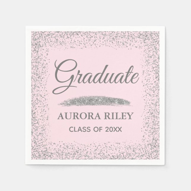 Servilleta De Papel Elegante Purpurina gris plateado Rubor Graduación  (Anverso)