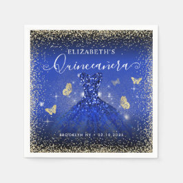 Servilleta De Papel Elegante Purpurina Royal Blue Gold Gown Quinceañer