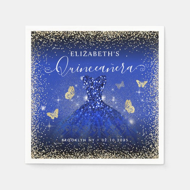 Servilleta De Papel Elegante Purpurina Royal Blue Gold Gown Quinceañer (Anverso)