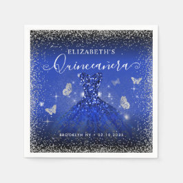 Servilleta De Papel Elegante Purpurina Royal Blue Silver Gown Quinceañ