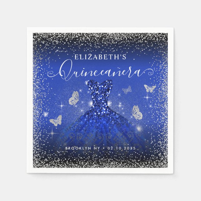 Servilleta De Papel Elegante Purpurina Royal Blue Silver Gown Quinceañ (Anverso)