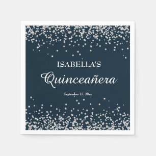 Servilleta De Papel Elegante Quinceañera Azul Marino con Brillo de Pla