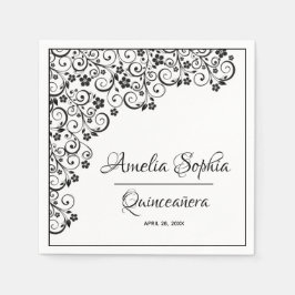 Servilleta De Papel Elegante Quinceañera Black Swirls en blanco