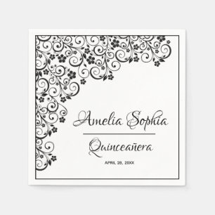 Servilleta De Papel Elegante Quinceañera Black Swirls en blanco