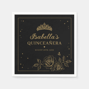 Servilleta De Papel Elegante Quinceañera Floral Dorada Negra