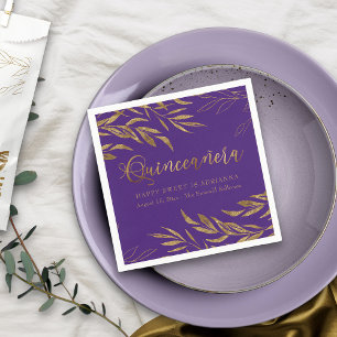 Servilleta De Papel Elegante Quinceanera Purple y Gold Leaf
