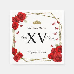 Servilleta De Papel Elegante Quinceañera Rosas Rojas Oro Negro