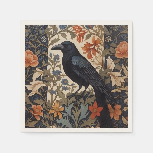 Servilleta De Papel Elegante Raven Negro William Morris Inspirado Flor (Anverso)