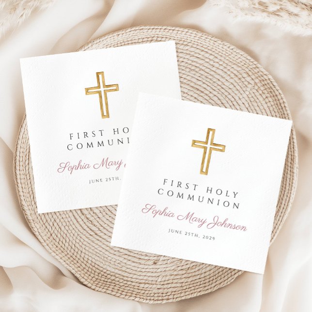 Servilleta De Papel Elegante Religión Rosa Primero Santa Comunión (Elegant Pink Religious First Holy Communion Napkins)