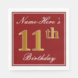 Servilleta De Papel Elegante rojo, falso oro 11 cumpleaños + nombre pe