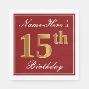 Servilleta De Papel Elegante rojo, falso oro 15 cumpleaños + nombre pe