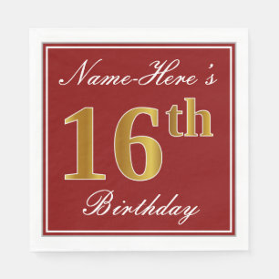 Servilleta De Papel Elegante rojo, falso oro 16 cumpleaños + nombre pe