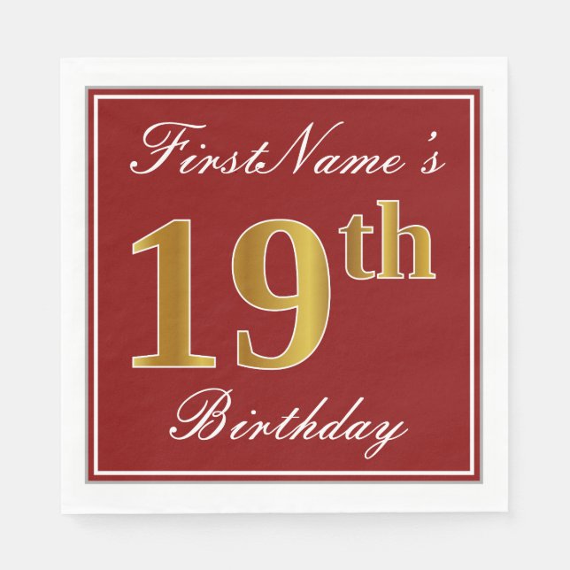 Servilleta De Papel Elegante rojo, falso oro 19 cumpleaños + nombre pe (Anverso)