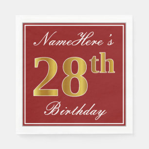 Servilleta De Papel Elegante rojo, falso oro 28 cumpleaños + nombre pe