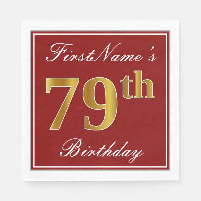 Servilleta De Papel Elegante rojo, falso oro 79 cumpleaños + nombre pe (Anverso)