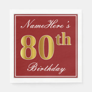 Servilleta De Papel Elegante rojo, falso oro 80 cumpleaños + nombre pe