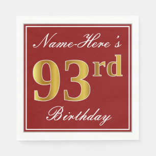 Servilleta De Papel Elegante rojo, falso oro 93 cumpleaños + nombre pe