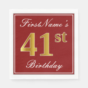 Servilleta De Papel Elegante Rojo, Faux Gold 41st Birthday + Nombre pe