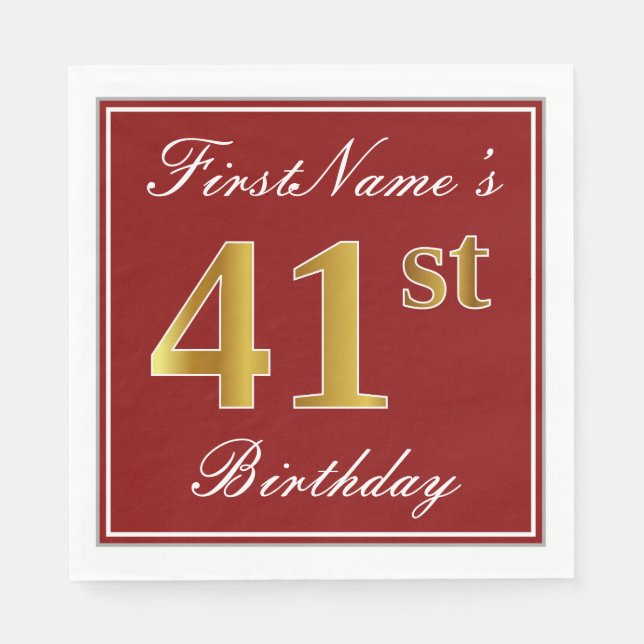 Servilleta De Papel Elegante Rojo, Faux Gold 41st Birthday + Nombre pe (Anverso)