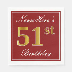Servilleta De Papel Elegante Rojo, Faux Gold 51st Birthday + Nombre pe